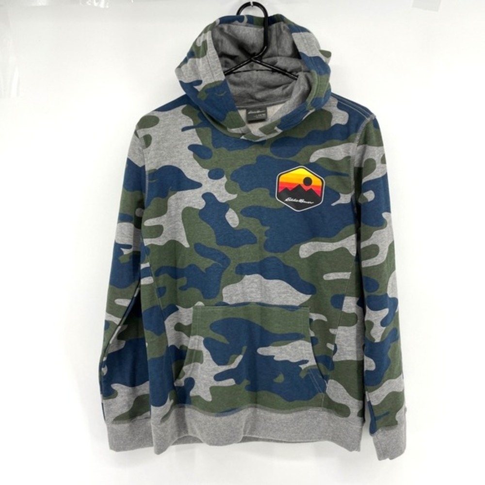Eddie Bauer Kids Large 14/16 Blue Green Camo Pullover Hoodie‎ Mountain Patch